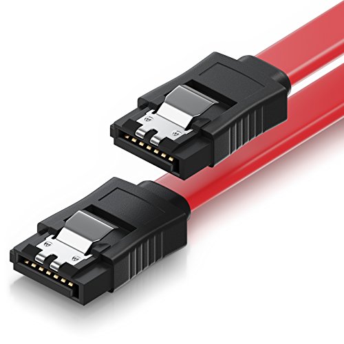 deleyCON 50cm Cable SATA III Cable de Datos S-ATA 3 HDD SSD Cable de Conexión Pinza de Metal 6 GBit/s - 2 Conectores Rectos Tipo L - Rojo