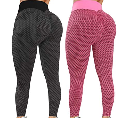 EEUK Tik Tok Leggings para mujer levantamiento de glúteos, pantalones de yoga a tope, pantalones de jogging, 2 piezas negro + rosa-L