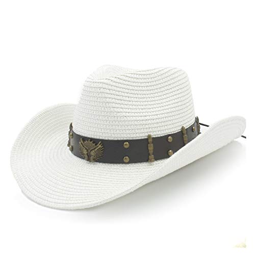 FeiNianJSh Summer Sun Rafia Roll Up Brim Hat Ladies Cowboy Hat Pistola de Vaquero Cow Cow Cabeza de Metal Decorativo Redondo Remache Balas Jazz Hat (Color : Blanco, tamaño : 58cm)
