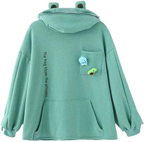 Frog Zipper Hoodie,Frog Zipper Pocket Oversized Hoodie Plain,Womens Cute Frog Hoodie Winter Warm Thick Loose Oversized Sweatshirt Green M