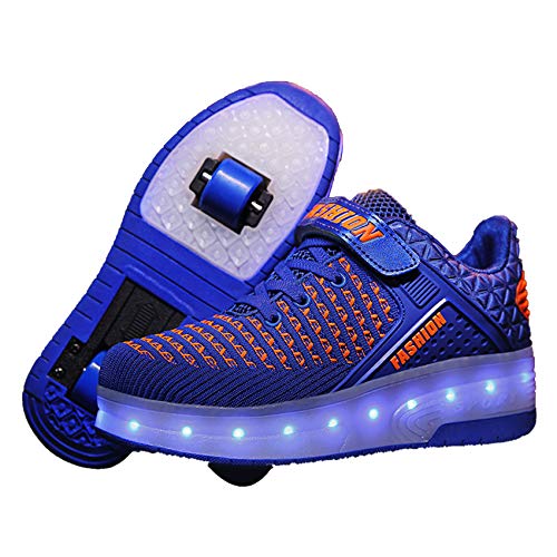 FR&RF Resplandeciente Zapatillas de Deporte de Carga USB Zapatos de Las Muchachas LED Blanca Zapatillas de Deporte de los Zapatos de los Muchachos de los niños con Dos Ruedas,Azul,36