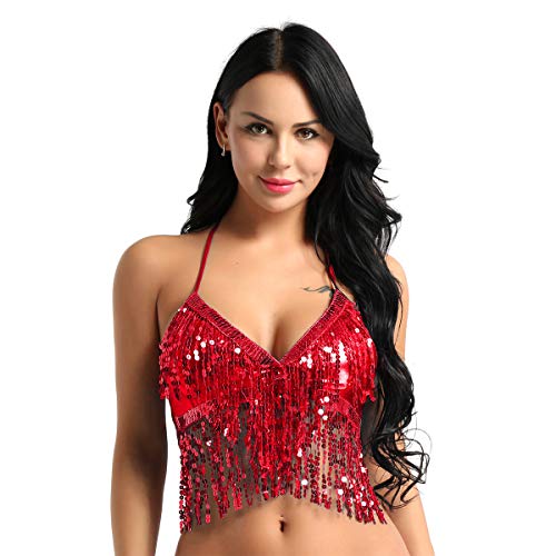 iiniim Sujetador Halter Sujetador de Lentejuelas Borla Fiesta Danza Bra Brillante Mujer Sexy Sujetador Push Up Ajustable Crop Top de Baile Ropa de Danza del Vientre Latino Club Rojo One Size