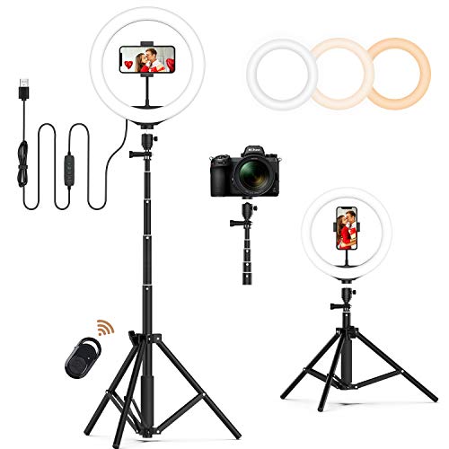 LED Aro de Luz Selfie Trípode,Ring Light Anillo de Luz 10" con JEEMAK Soporte para Móvil Teléfono,Control Remoto,3 Modos de Luces 11 Brillos Regulable para Móvil Fotografía Maquillaje Youtube