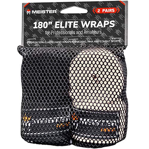 Meister Elite - Vendas de Mano para Adultos de 180 Pulgadas para Artes Marciales Mixtas y Boxeo (2 Pares con Bolsa de Malla), Black & Vintage Ivory