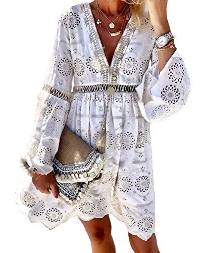 Onsoyours Vestido Casual Manga 3/4 De Encaje Boho Playa para Mujeres Verano Suelto Borla V Cuello SóLido Talla Grande Blusa C Blanco 10