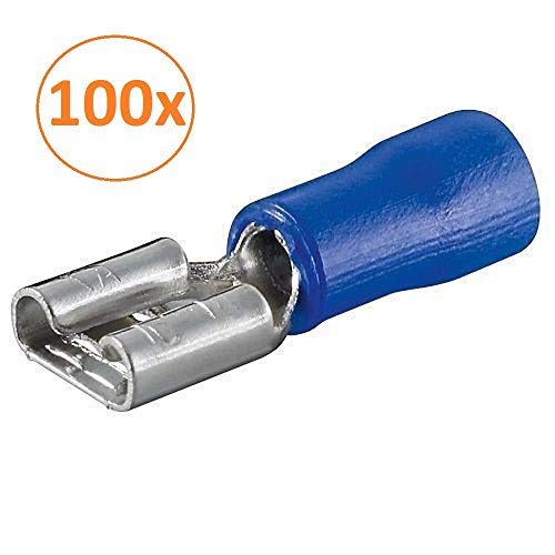 Pack de 100 Unidades de Terminales Faston Hembra (16-14 AWG), Aislante Color Azul, Sección Cable 1-2,5 mm2 Pack de 100 Unidades de Terminales Faston Hembra (16-14 AWG), Aislante Color Azul, Sección Cable 1-2,5 mm2