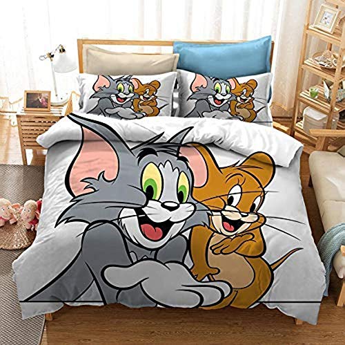 QWAS Tom y Jerry - Juego de funda de edredón y funda de almohada con diseño de anime anime (A03, 140 x 210 cm + 50 x 75 cm x 2)