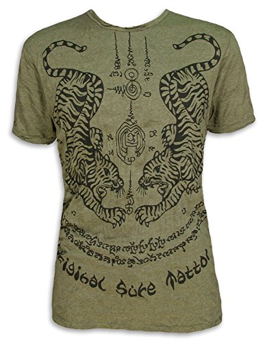 Sure Camiseta para hombre, diseño de tigre Magie Tiger Muay Thai Yantra Tattoo verde oliva M