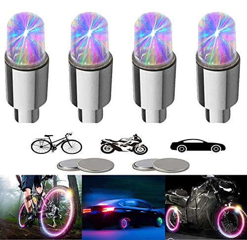 Yinch 4 tapones de válvula LED para bicicleta, iluminación de radios de bicicleta, accesorios para coche, moto o camión, con 10 pilas adicionales (multicolor)