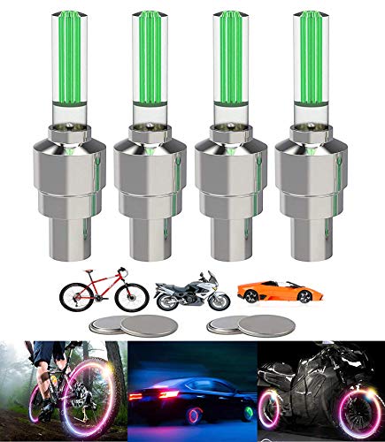 Yinch 4 tapones de válvula LED para bicicleta, iluminación de radios de bicicleta, accesorios para coche, moto o camión, con 10 pilas adicionales (verde)