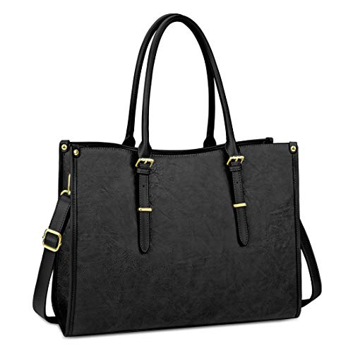 Bolso Mujer Grande Bolsos Bandolera Maletin para Universidad Trabajar Ordenador Portatil Estudiante Tote Shopper Negro Cuero PU 15,6 Pulgadas Negro