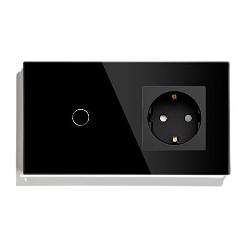 BSEED Interruptor de Luz Táctil con Enchufe Schuko, Marco de Vidrio, Diseño de Enchufe,1 Gang 1 Vía, Interruptor Táctil de Vidrio, Interruptor de Pared Negro