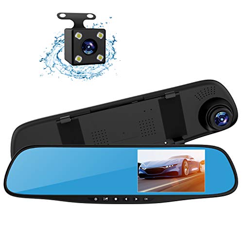Cámara DVR de vídeo de visión trasera y espejo de coche con doble lente 1080p, de 4,3 pulgadas, con cámara de visión trasera