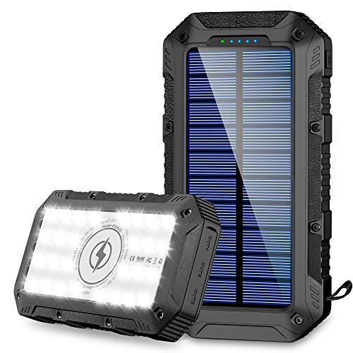 FKANT Power Bank Solar 26800mAh Batería Externa Solar con 4 Puertos 3 Salidas USB & Carga Inalámbrico Cargador Solar 28 Linterna LED y Gancho Bateria Moviles IPX4 para iPhone Android iPad