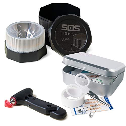 GEMCORE s.o.s. light baliza luminosa V16 + MARTILLO Emergencia: rompeventanas+cortador cinturón + regalo, CAJA KIT PRIMEROS AUXILIOS