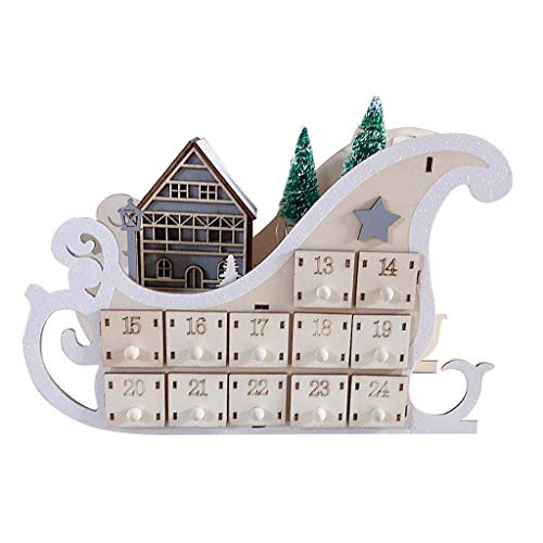 Geneic Tree House Sleigh Calendario de Adviento de madera con cuenta atrás para decoración navideña, 24 cajones con luz LED ornamento