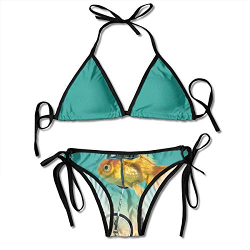 Goldfish con Casco Divertido Conjunto de Bikini de Carreras de Bicicletas Traje de baño de Playa Bikini de Dos Piezas Traje de baño para Mujeres Niñas Ropa de Playa Negro