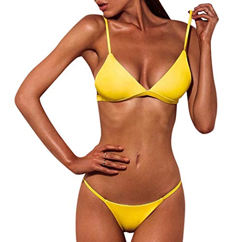 heekpek Bikini Trajes De Baño para Sexy Mujer Top Triángulo Cintura Baja con Relleno Tanga Bañador Brasileño Conjuntos Verano(Amarillo,M)