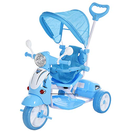 HOMCOM Triciclo para Niños Mayores de 18 Meses Triciclo Evolutivo Plegable con Funciones de Luz y Música Toldo Forma de Motocicleta 102x48x96 cm Azul