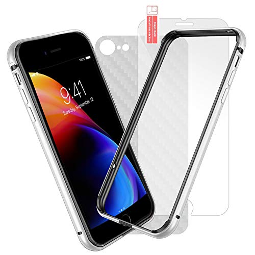 iShield Bumper Set (4 Piezas) Funda para iPhone iSE2 (2020) con Marco de Parachoques, 2 láminas traseras de Fibra de Carbono Transparentes Autoadhesivas, 1 Protector de Pantalla de Vidrio - Plata