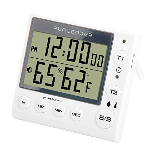 Jayron KT002A - Reloj despertador con temporizador y 2 canales, minutero y segundero con indicador de temperatura y humedad