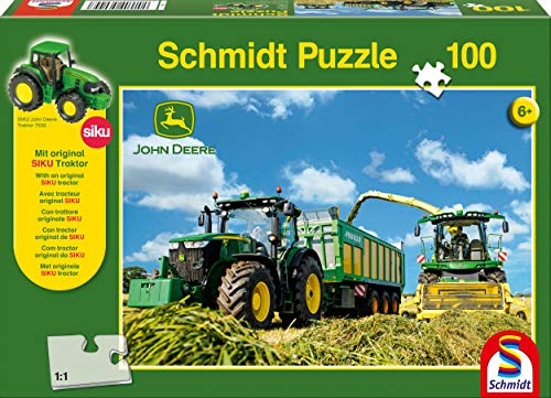 John Deere 7310R Tractor Schmidt y 8600i Puzzle de forraje Rompecabezas con Siku Modelo de Tractor (100 Piezas)