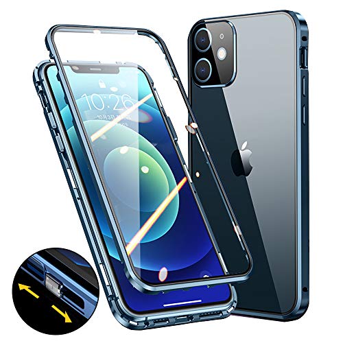 JoiCase Funda para iPhone 12 Mini 5.4 Inch Anti Separado Carcasa Clásico CNC Recto Cortar Adsorcion Magnetica 360 Protección Aluminio Vidrio Templado Cover Metal Case - Azul Oscuro