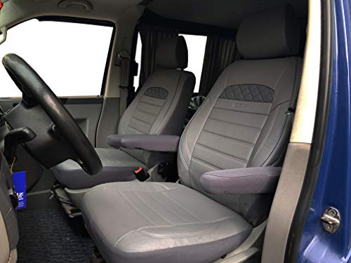 K-maniac Fundas de Asiento T5 T6 Multivan California Kombi Caravelle Transporter Kasten Schonbezug Set de Asiento del Conductor copiloto reposabrazos, Auto Accesorios, Piel sintética, Color Gris