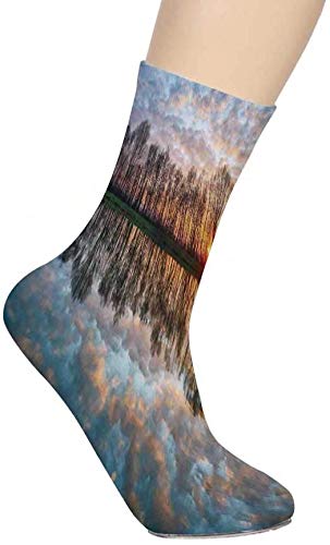 Lake House Decor Soft Mid Calf Length Socks,Magical Lake Sunset with The Mirroring Crystal Water and Horizon Over Forest Boho Photo Socks for Men Women