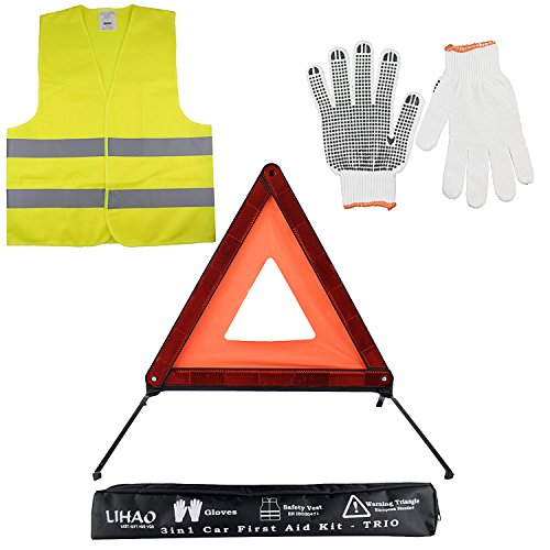 LIHAO Kits de Emergencia - Triángulo Reflectante, Chaleco Reflectante y Guantes