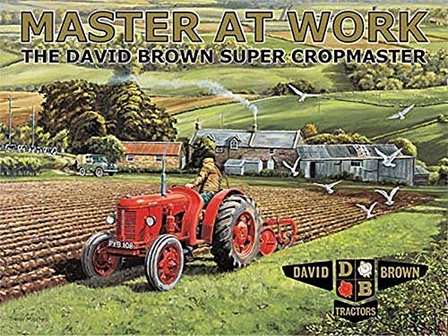 Master en el trabajo, el David Marrón Súper Cropmaster Rojo tractor arado campo. Land rover en fondo. Para casa, farm, pub o Café Metal/Cartel De Acero Para Pared - 30 x 40 cm