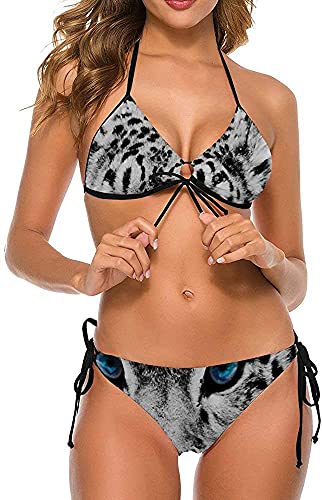 Mujer Chica Conjunto de Bikini Halter Ajustable de Dos Piezas Traje de Baño Trajes de Baño-Blanco y Negro Snow Leopard Cheetah, S