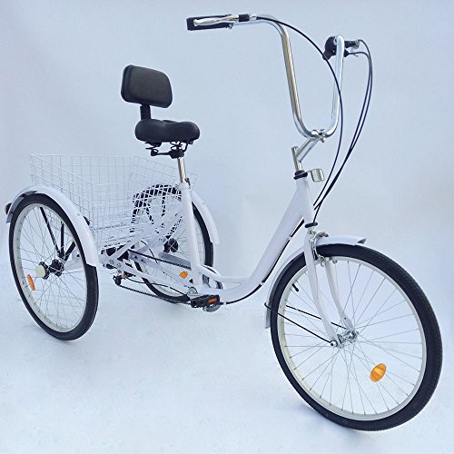 OUBAYLEW - Triciclo para adulto, 3 ruedas, 6 velocidades, bicicleta triciclo, adulto, bicicleta trike cruise con baloncesto (blanco)