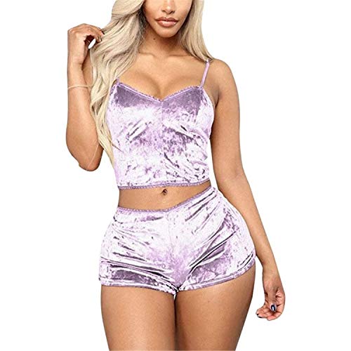 Pijama de Mujer Set Sexy Babydoll Nightwear Lindo Cami Top y Shorts Pijama Mujer B Light Purple Asian Size 2XL