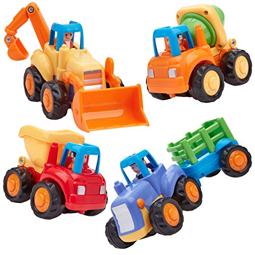 Play Pride Fricción Powered Construcción Juguete Conjunto de 4, Juguetes Educativos para Niños Pequeños y Preescolares Juguetes para Vehículos con Mezclador de Cemento y Bulldozer de Tractor