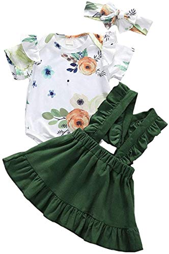 Recién Nacido Baby Girls Trajes Suspender Vestido con Volantes de Manga Larga Tops T Shirts Deedband Falda Set (Color : Short Green, Size : 6-12 Months)