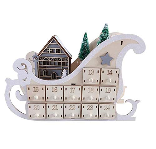 SD&EY Casa del Árbol del Trineo de Madera Adviento Calendario Fiesta de Navidad Decoración de Cuenta atrás de 24 cajones con luz LED SD&EY Casa del Árbol del Trineo de Madera Adviento Calendario Fiesta de Navidad Decoración de Cuenta atrás de 24 cajones con luz LED