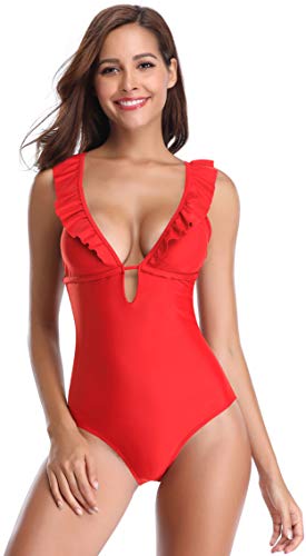 SHEKINI Traje de Baño Mujer Una Pieza Bikini Rizado Atractivo de Mujeres de Baño Push Up Sujetador Acolchado Traje de Una Pieza Mujer (M,Rojo)