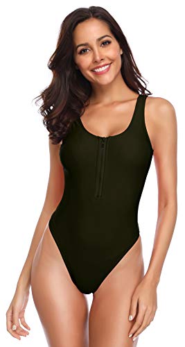 SHEKINI Traje de Una Pieza Mujer Bikini Ropa de Baño con Cremallera Corte Alto Monokini （S,Ejercito Verde）