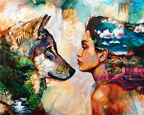 Shukqueen DIY Paint by Numbers for Adults DIY Oil Painting Kit for Kids Beginner - Wolf and Girl 16x20 Inch (Wooden Frame)