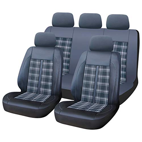 SUMEX Funda de Asientos Universales para Coche Juego Dos Asientos Delanteros y Asientos Traseros de Textil y Polipiel con Relleno de Foam de 3mm Modelo Roma Color Negro con Tramado a Cuadros 9 pcs