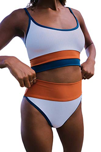 Traje De Baño para Mujer Color Block Push Up Bañador de Cintura Alta a Rayas con Control de Abdomen Conjuntos de Bikini de Dos Piezas