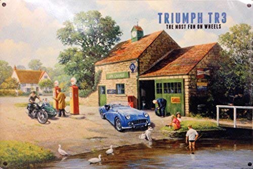 Triumph TR3 azul motor coche Británico, conducir en el país y más divertido on cloudsurfer ruedas Foto set 50's o años 60 a garaje Para casa, hogar, Garaje, pub bar Metal/Cartel De Acero Pared - acero, 15 x 20 cm