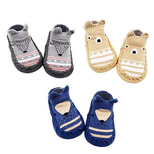 Z-Chen Pack de 3 Pares Zapatillas para Bebé con Suela Antideslizante, Gris + Marrón + Azul Oscuro, 6-12 Meses