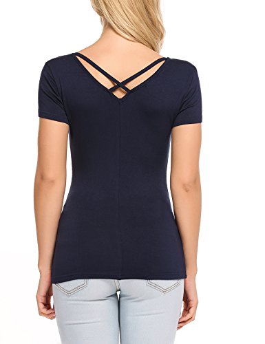 Zeagoo - Camiseta de manga corta para mujer con cuello en V y cordones en la parte trasera azul marino XL