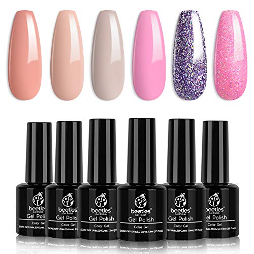 Beetles Esmaltes Semipermanentes de Uñas en Ge, Esmalte de Uñas en Gel de 6 Colores 7.3ml Set, Lámpara UV/LED Seca, Melocotones y Rosas Kit de Manicura Regalo Primavera Verano Nude Pink Purple