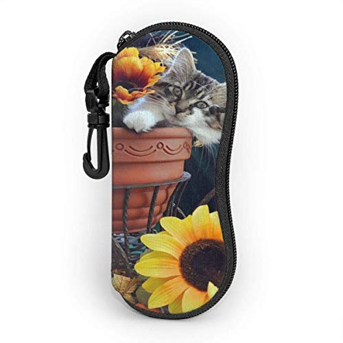 Funda de Gafas Lindo gatito en bicicleta sembradora de flores Ultra Ligero Neopreno Suaves viaje Estuche para Gafas de caso Bolsa con Clip de Cinturón