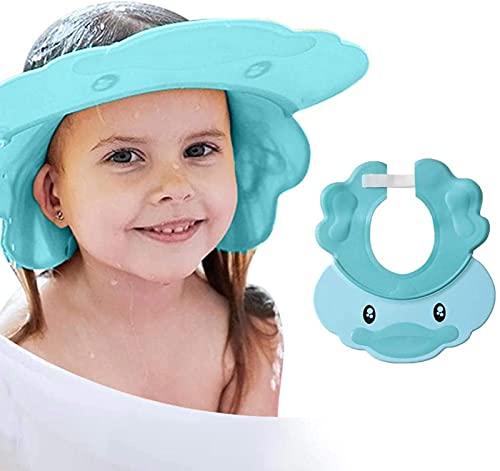 Gorro de ducha para niños, champú de lavado de cabello, protector para orejas y ojos, visera de baño ajustable de silicona para niños pequeños (azul)