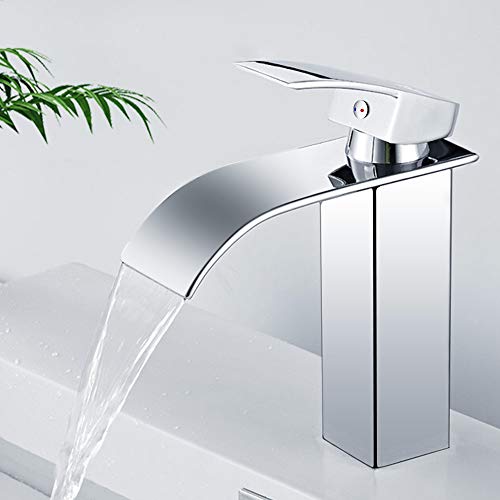 Grifo Lavabo Cascada, Grifo Baño de Latón con Agua Fría y Caliente Disponible, Mezclador Monomando Lavabo con Gran Salida de Agua, Grifo Monomando Lavabo Estilo de Moderno