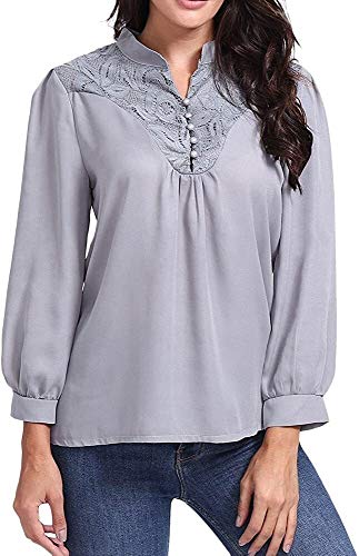 HaiDean Blusa Elegante De La Cuello Casual Gasa V Modernas De Larga Blusa con Volantes Frente A La Camisa De La Túnica T Manera De Las Tapas Acogedor Básico Tops Ropa (Color : X2-Grau, One Size : XL)